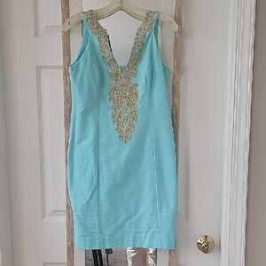 Lilly Pulitzer Aqua Blue Midi Dress with Gold Embroidery